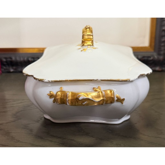 Antique Haviland & Co Limoges White Gold Gilt Porcelain Covered Vegetable Tureen - Picture 2 of 13